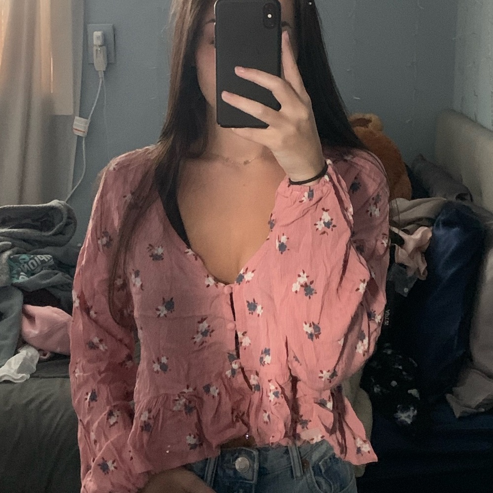 pink floral blouse
